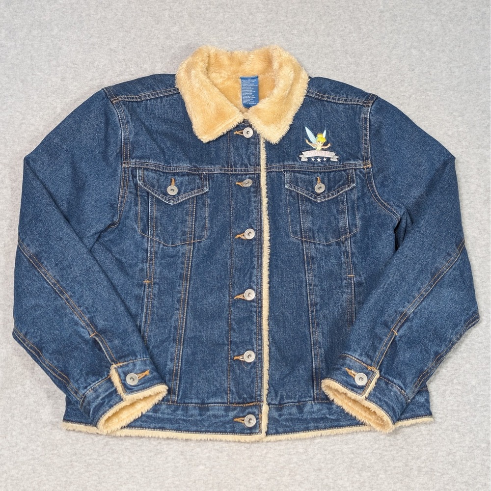 VTG Disney Tinkerbell Denim Jacket Womens Medium Feisty Fairy Heavy Sherpa Lined